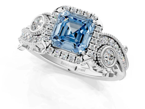 White gold Fancy Blue Asscher Cut Halo Diamond Ring with Milgrain and Bezel Accents on a Split Shank Band_1