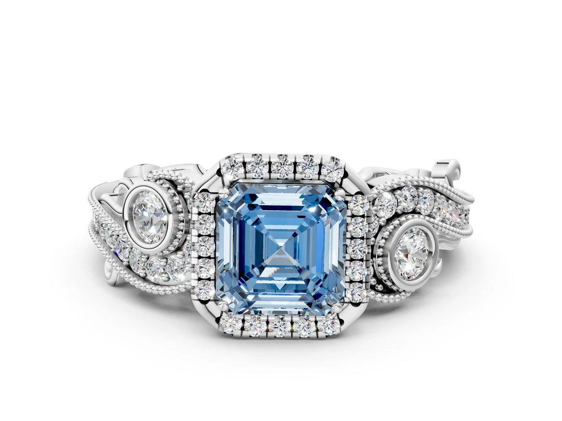 White gold Fancy Blue Asscher Cut Halo Diamond Ring with Milgrain and Bezel Accents on a Split Shank Band_24