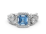 White gold Fancy Blue Asscher Cut Halo Diamond Ring with Milgrain and Bezel Accents on a Split Shank Band_24