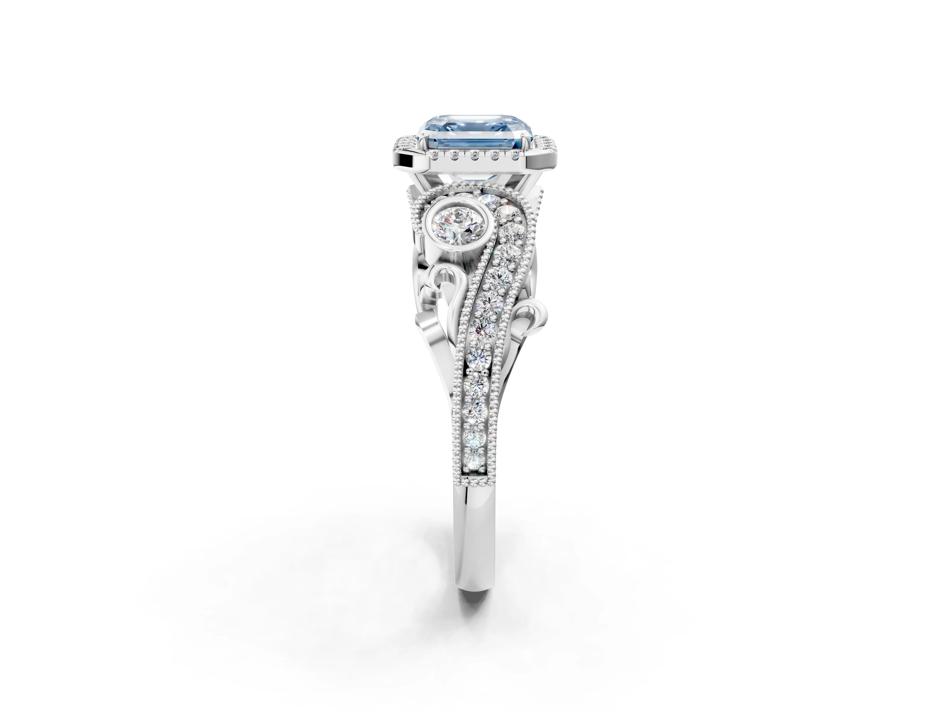 White gold Fancy Blue Asscher Cut Halo Diamond Ring with Milgrain and Bezel Accents on a Split Shank Band_2