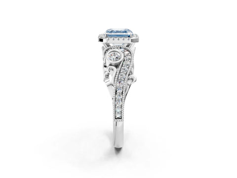 White gold Fancy Blue Asscher Cut Halo Diamond Ring with Milgrain and Bezel Accents on a Split Shank Band_2