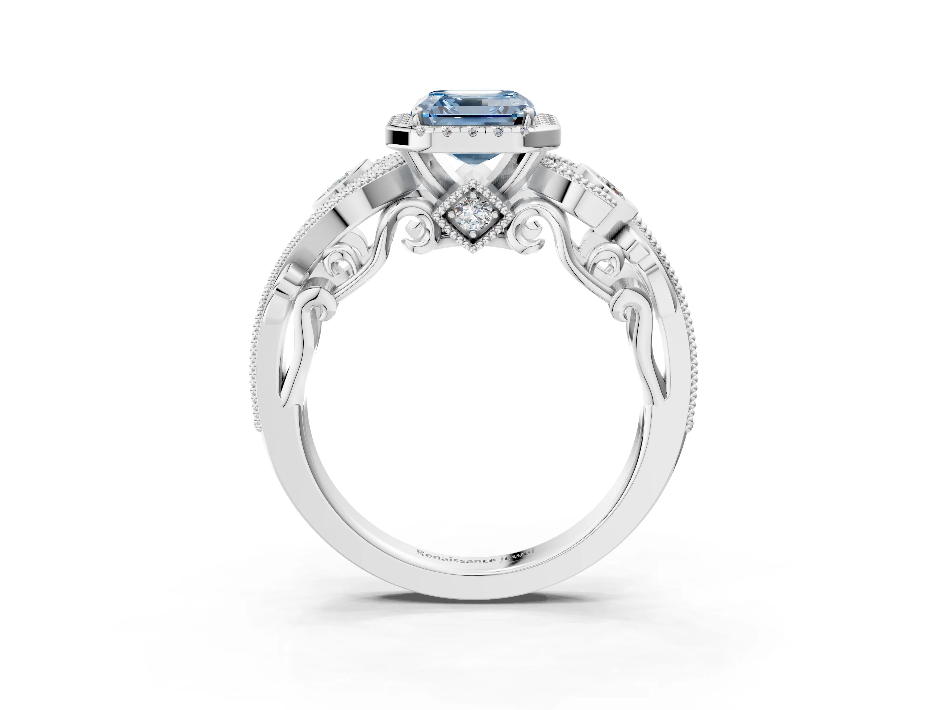 White gold Fancy Blue Asscher Cut Halo Diamond Ring with Milgrain and Bezel Accents on a Split Shank Band_3
