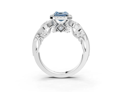 White gold Fancy Blue Asscher Cut Halo Diamond Ring with Milgrain and Bezel Accents on a Split Shank Band_3