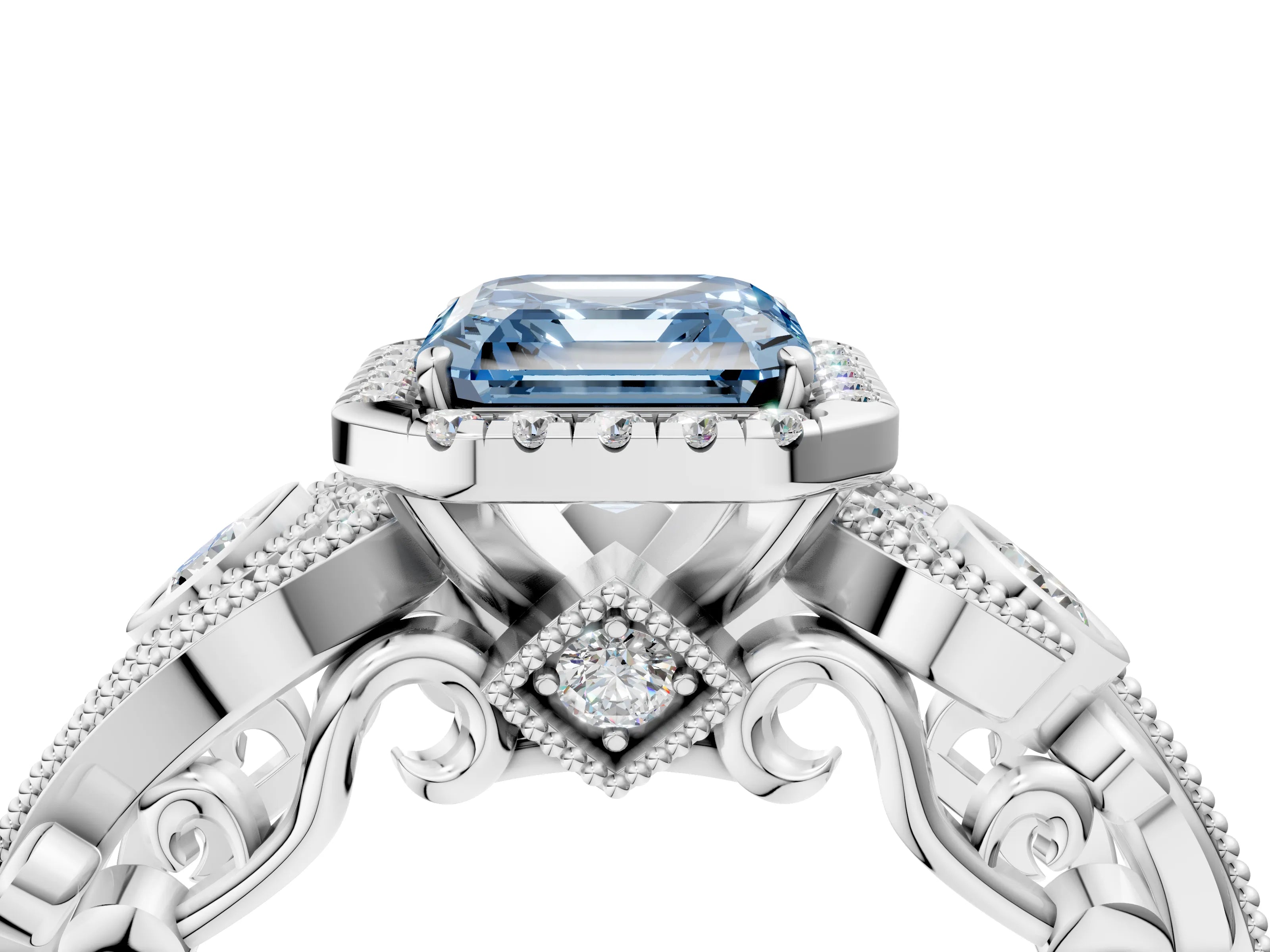 White gold Fancy Blue Asscher Cut Halo Diamond Ring with Milgrain and Bezel Accents on a Split Shank Band_4