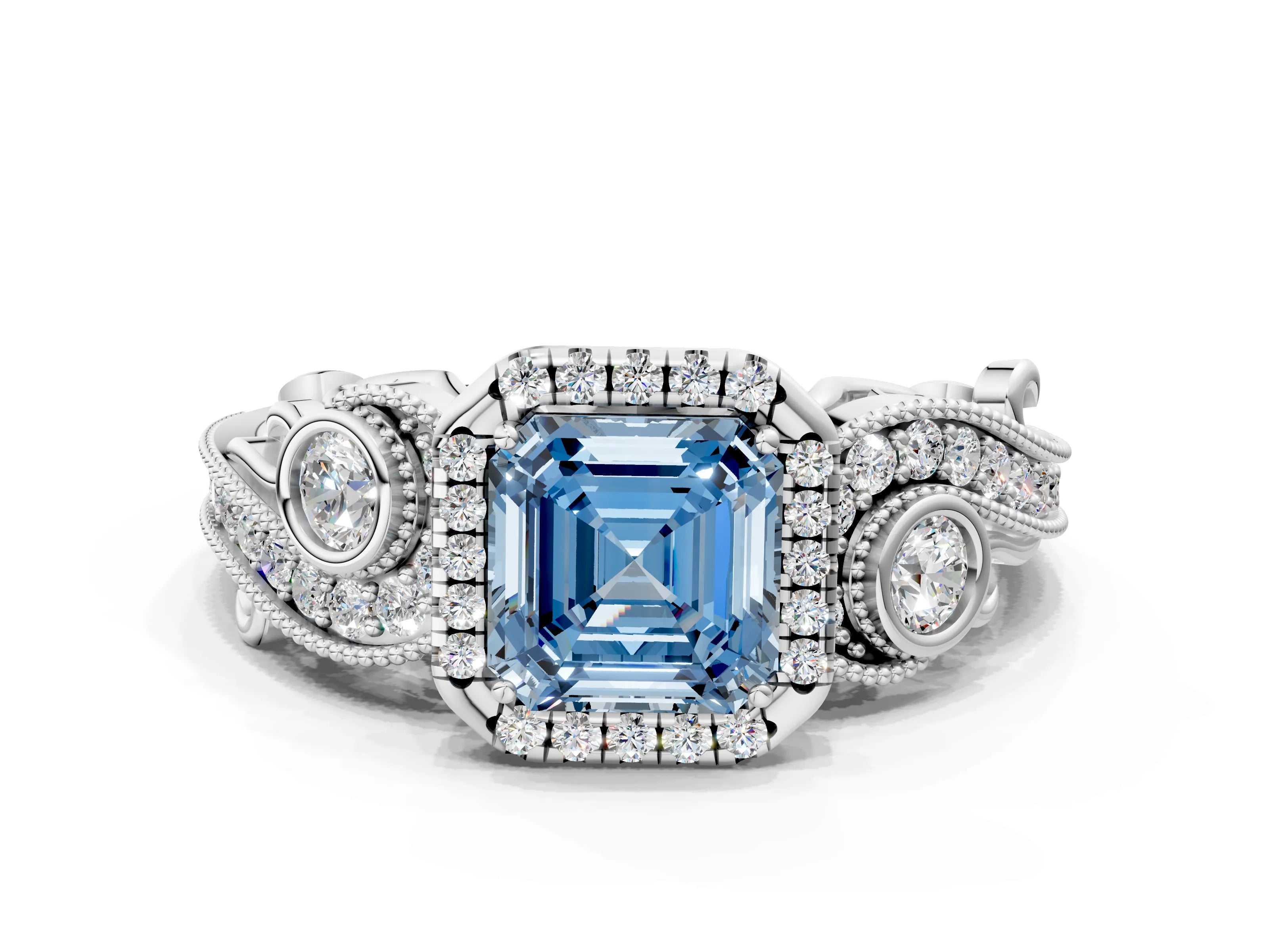 White gold Fancy Blue Asscher Cut Halo Diamond Ring with Milgrain and Bezel Accents on a Split Shank Band