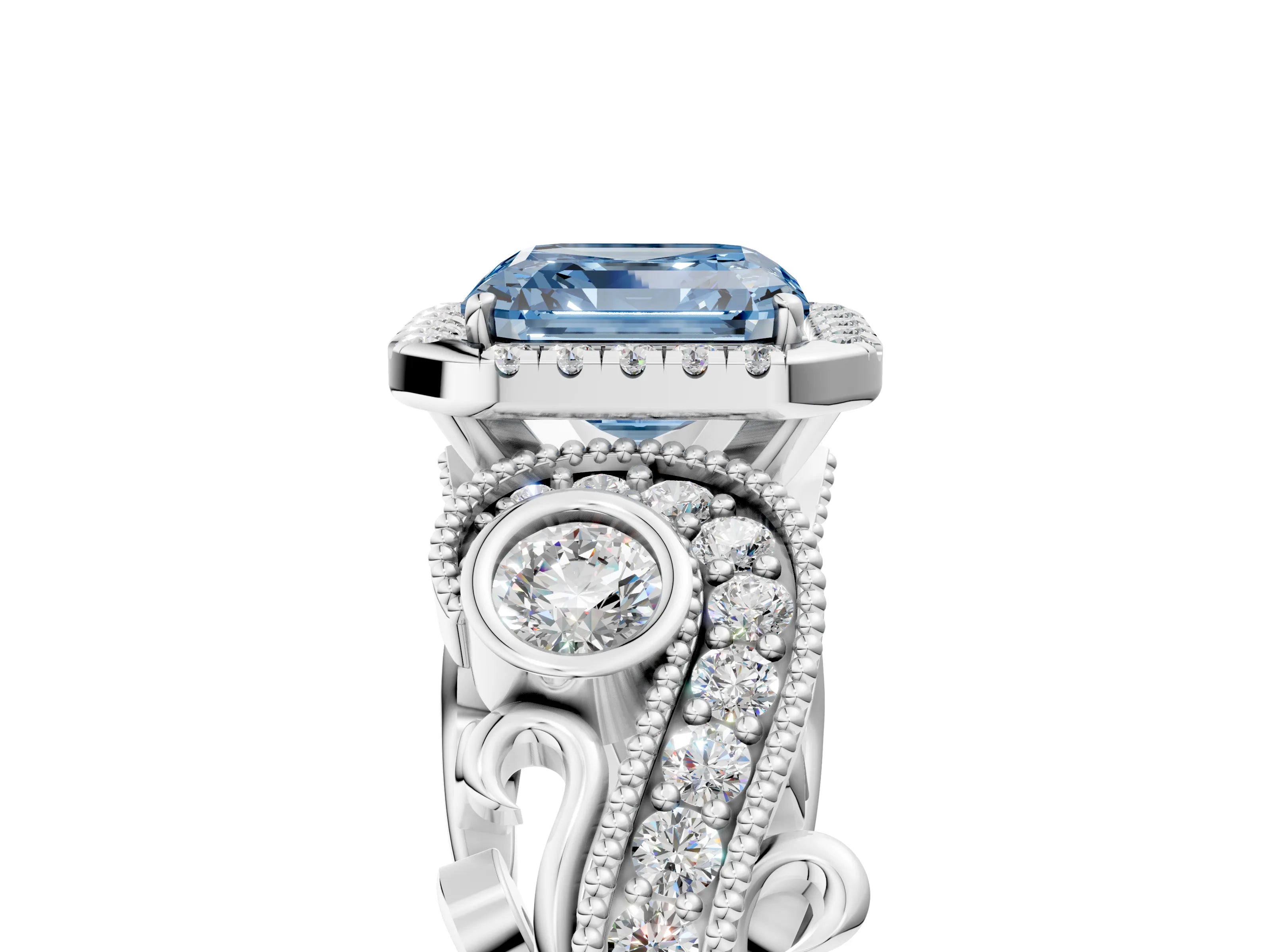 White gold Fancy Blue Asscher Cut Halo Diamond Ring with Milgrain and Bezel Accents on a Split Shank Band_5