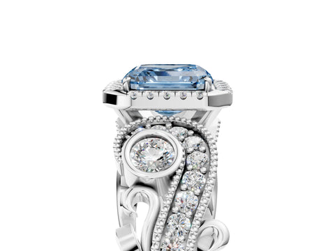 White gold Fancy Blue Asscher Cut Halo Diamond Ring with Milgrain and Bezel Accents on a Split Shank Band_5