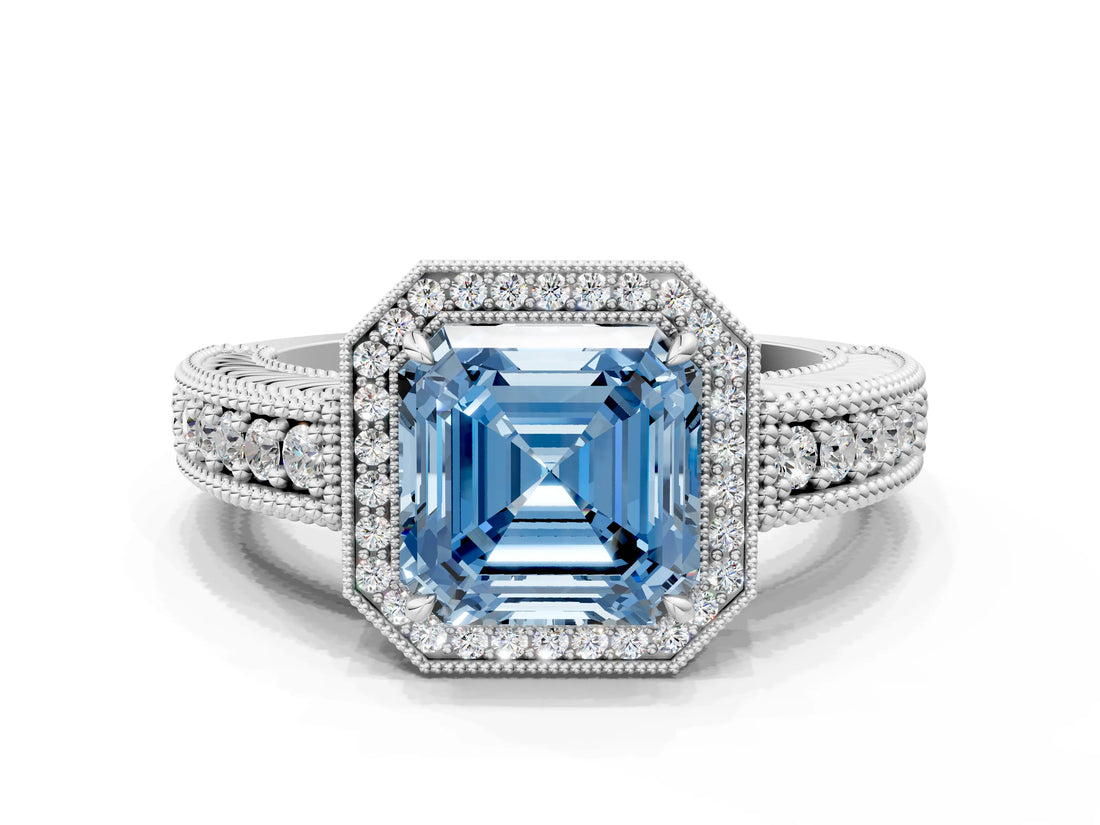 White gold Fancy Blue Asscher  Cut Halo Diamond Ring with Pavé Band and Four-Prong Setting_29