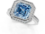 White gold Fancy Blue Asscher  Cut Halo Diamond Ring with Pavé Band and Milgrain Prong Setting_85