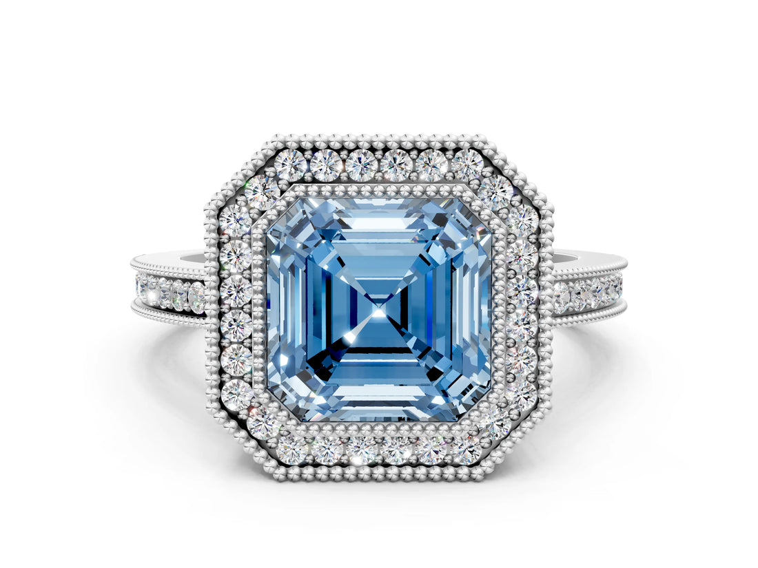 White gold Fancy Blue Asscher  Cut Halo Diamond Ring with Pavé Band and Milgrain Prong Setting_89