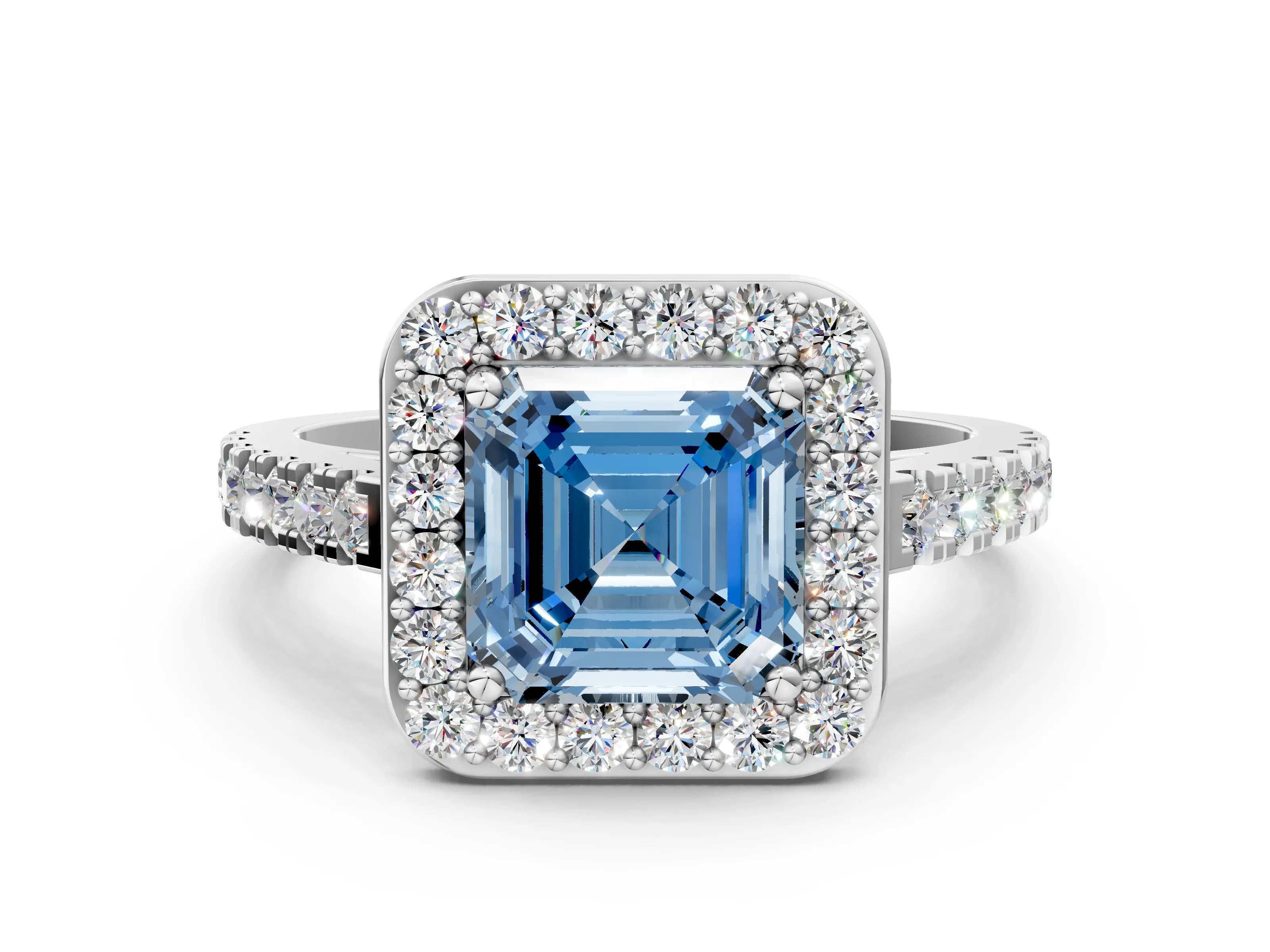 White gold Fancy Blue Asscher Cut Halo Diamond Ring with Pavé Band and Three-Prong Setting