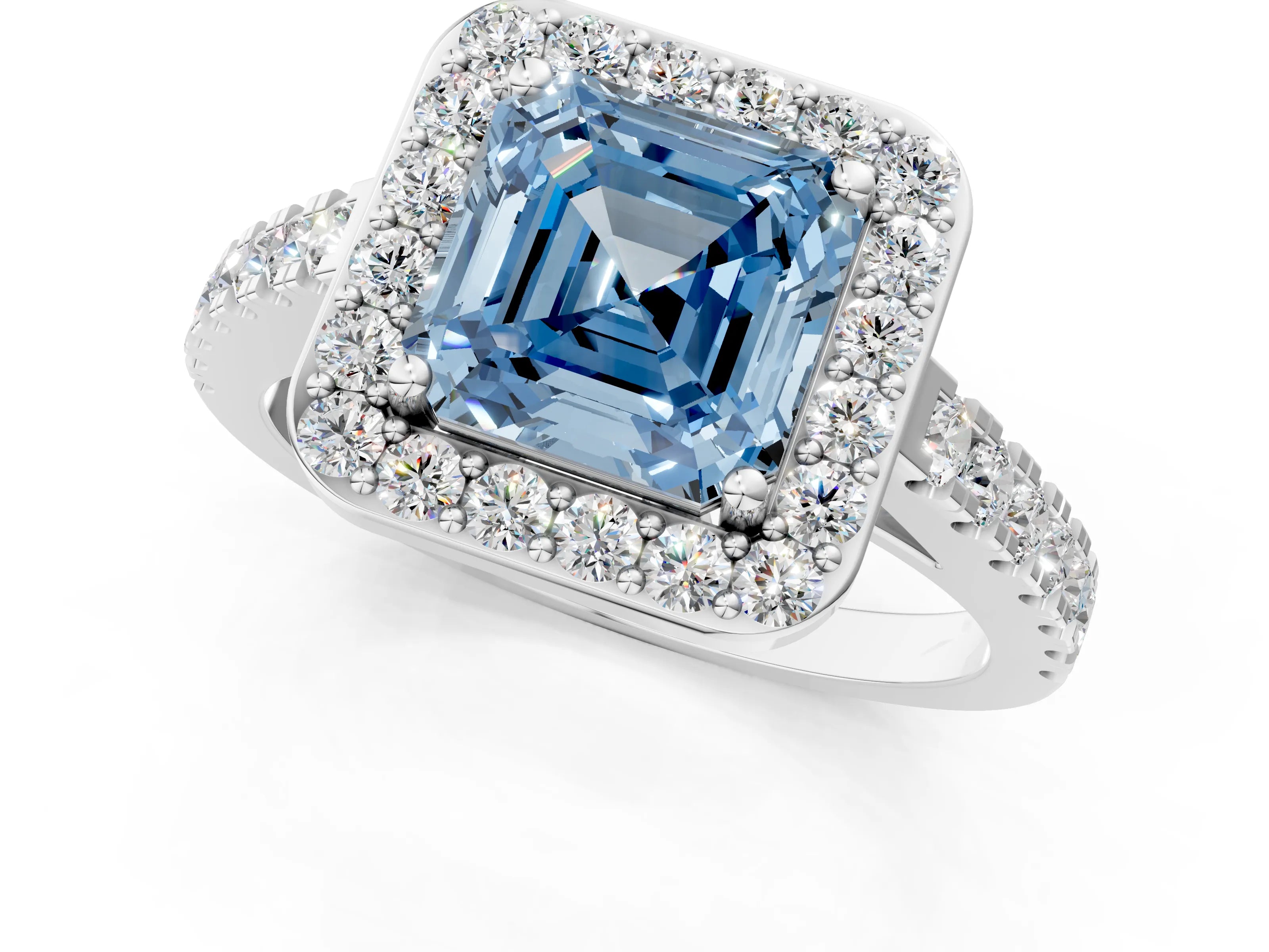 White gold Fancy Blue Asscher Cut Halo Diamond Ring with Pavé Band and Three-Prong Setting_1