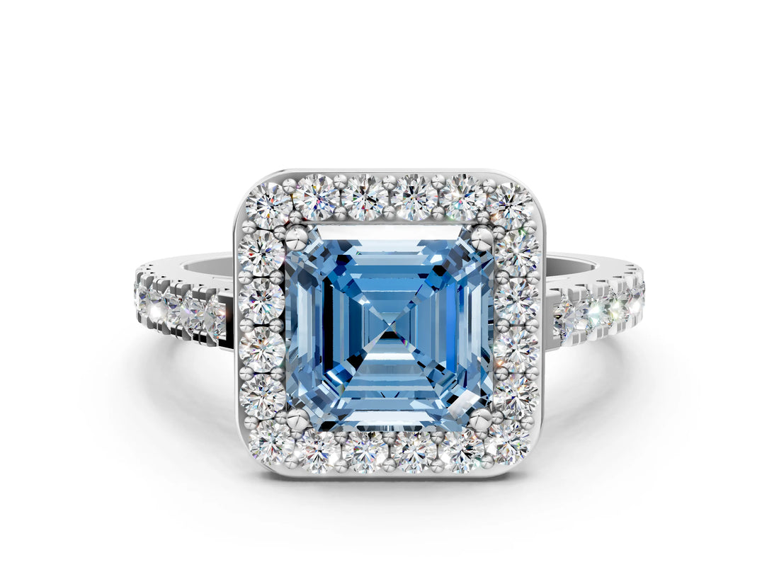White gold Fancy Blue Asscher Cut Halo Diamond Ring with Pavé Band and Three-Prong Setting_12