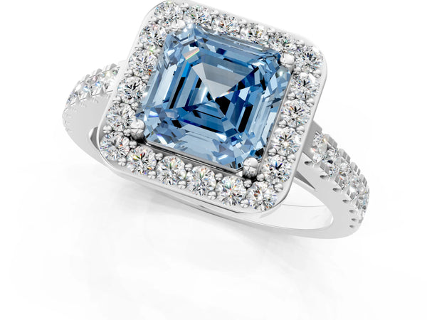 Platinum Fancy Blue Asscher Cut Diamond Halo Ring with Round Pavé Split Shank and Prong Setting
