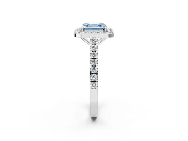 Platinum Fancy Blue Asscher Cut Diamond Halo Ring with Round Pavé Split Shank and Prong Setting