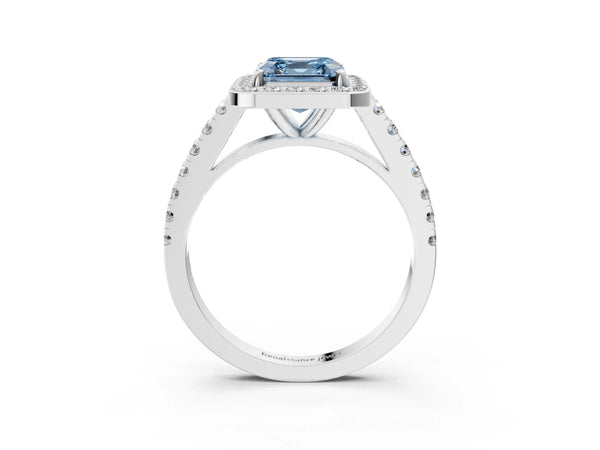 Platinum Fancy Blue Asscher Cut Diamond Halo Ring with Round Pavé Split Shank and Prong Setting