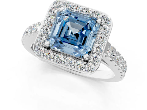 White gold Fancy Blue Asscher Cut Halo Diamond Ring with Pavé Band and Three-Prong Setting_1