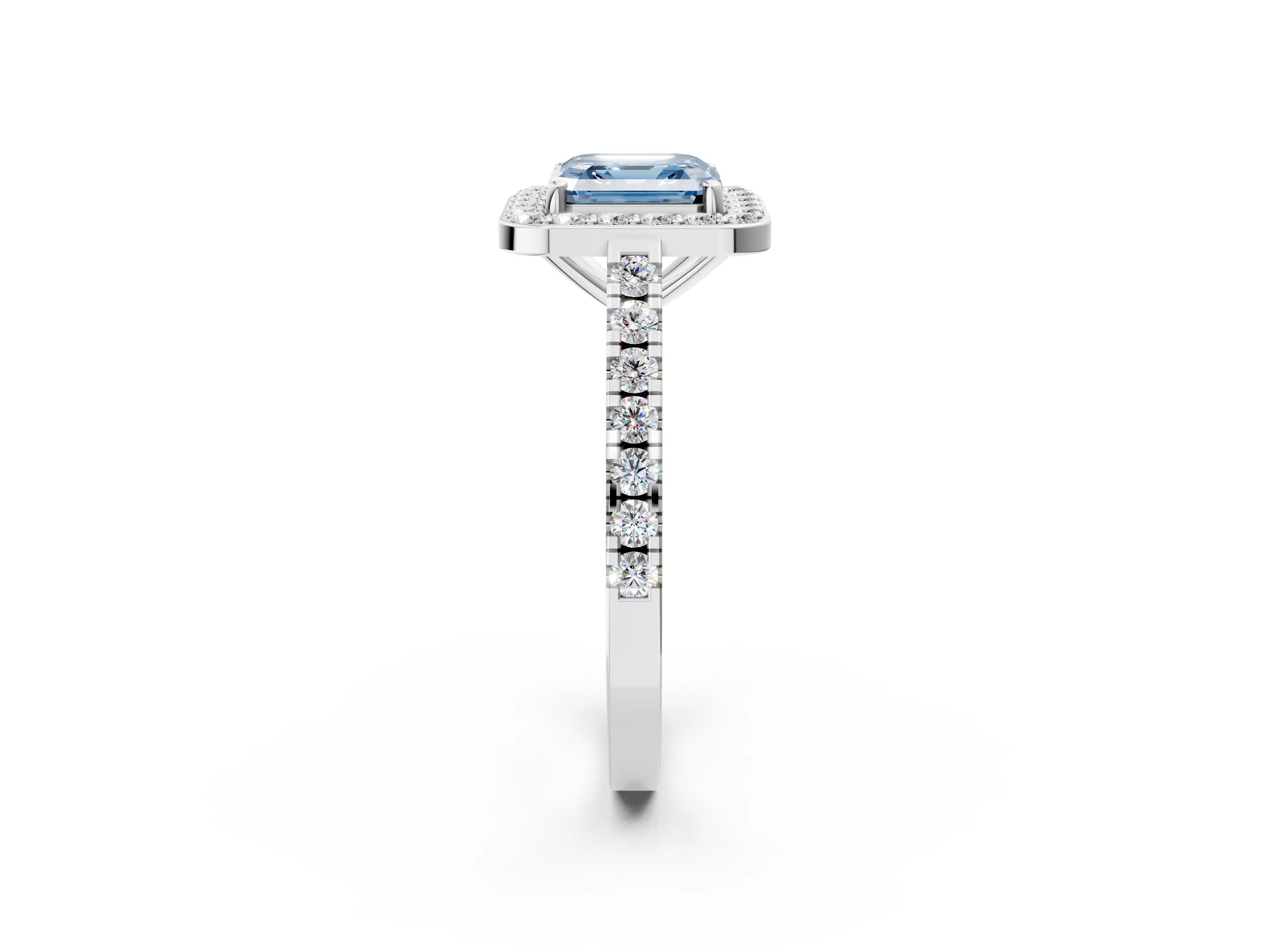 White gold Fancy Blue Asscher Cut Halo Diamond Ring with Pavé Band and Three-Prong Setting_2