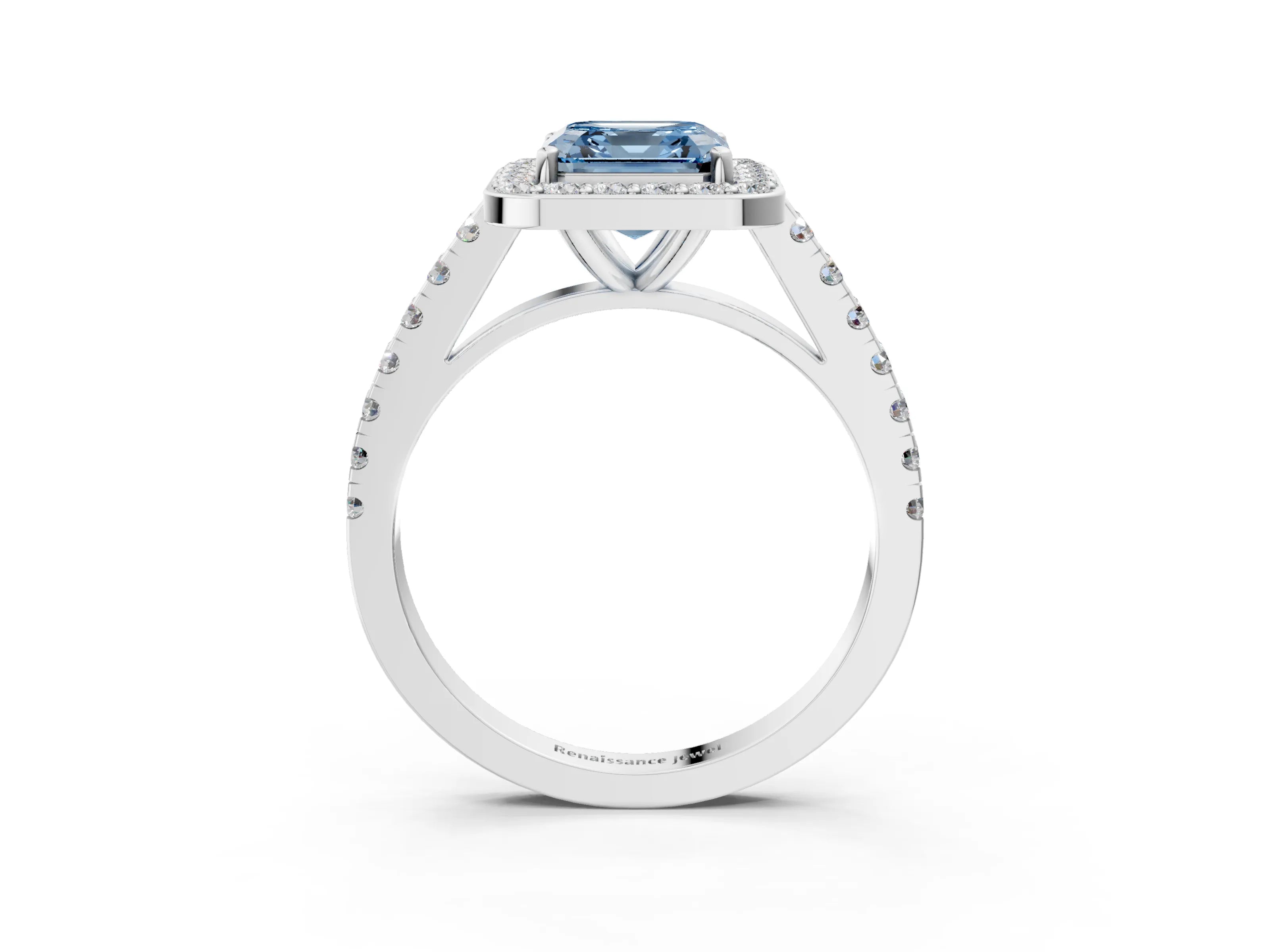 White gold Fancy Blue Asscher Cut Halo Diamond Ring with Pavé Band and Three-Prong Setting_3