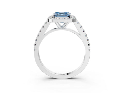 White gold Fancy Blue Asscher Cut Halo Diamond Ring with Pavé Band and Three-Prong Setting_3