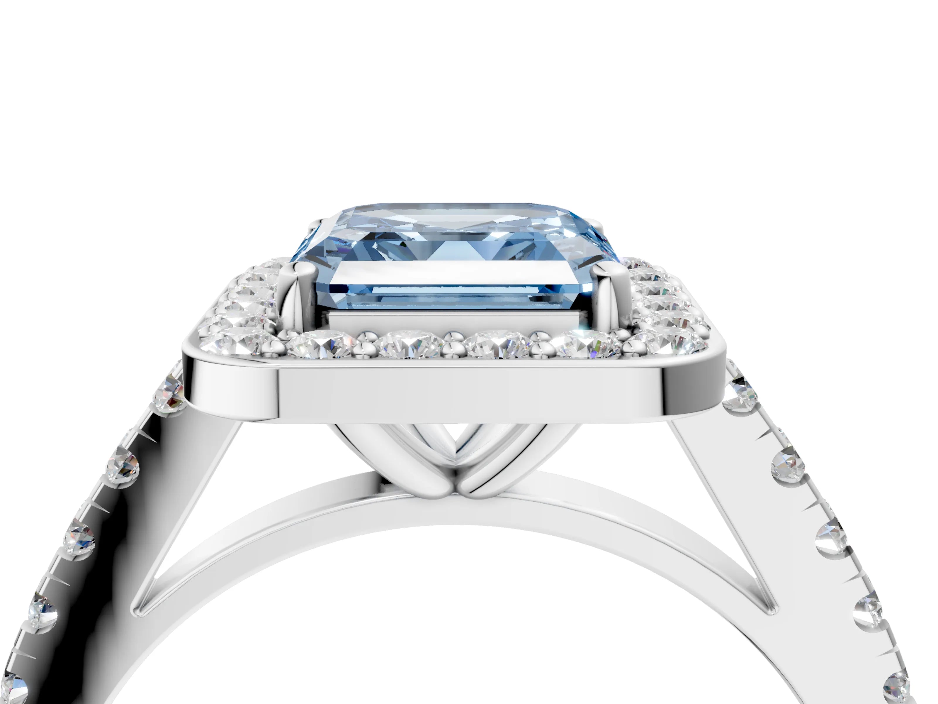 White gold Fancy Blue Asscher Cut Halo Diamond Ring with Pavé Band and Three-Prong Setting_4