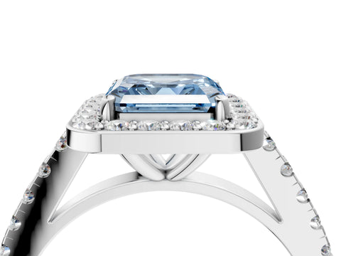 White gold Fancy Blue Asscher Cut Halo Diamond Ring with Pavé Band and Three-Prong Setting_4