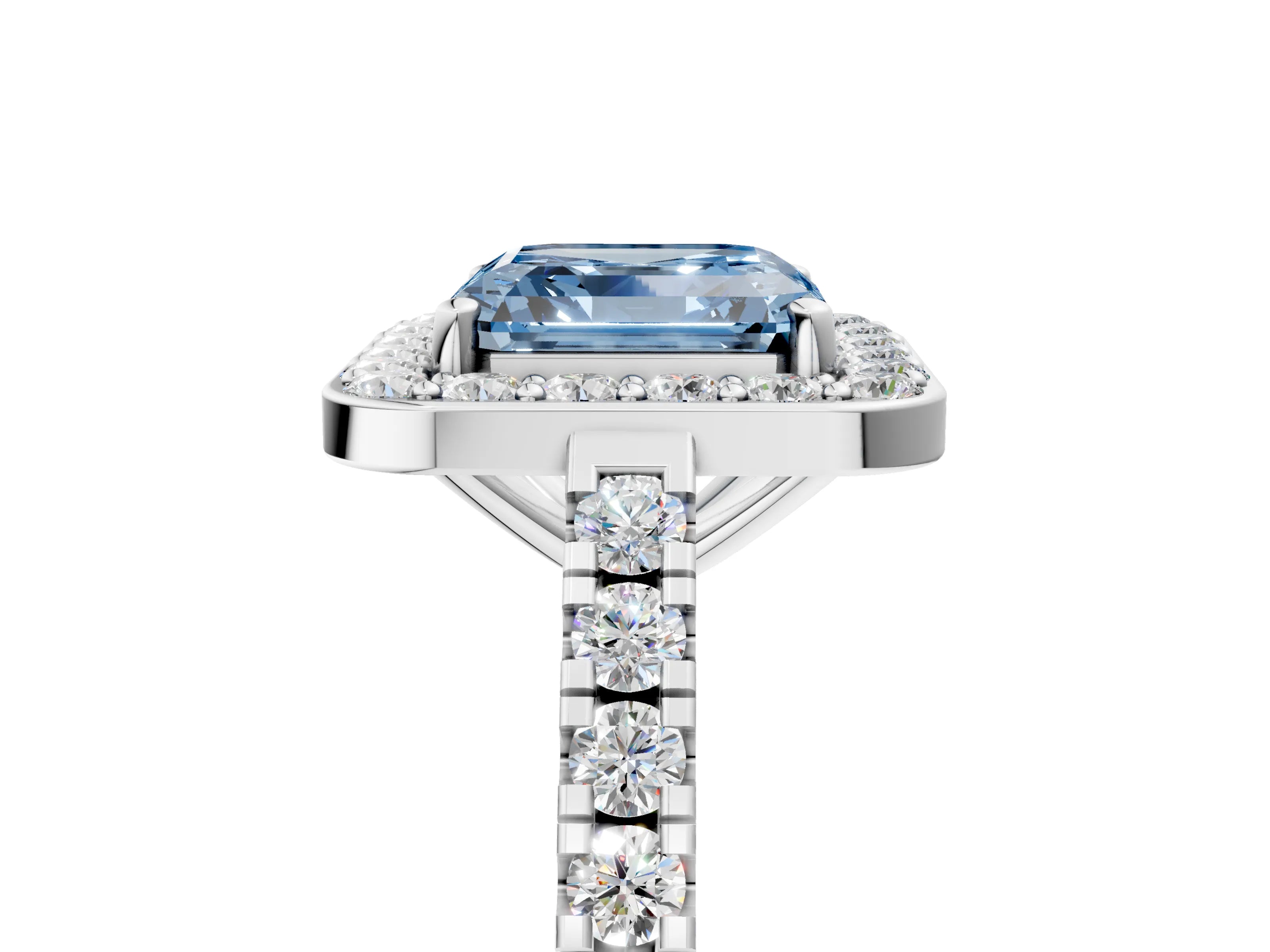 White gold Fancy Blue Asscher Cut Halo Diamond Ring with Pavé Band and Three-Prong Setting_5