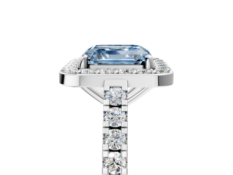 White gold Fancy Blue Asscher Cut Halo Diamond Ring with Pavé Band and Three-Prong Setting_5