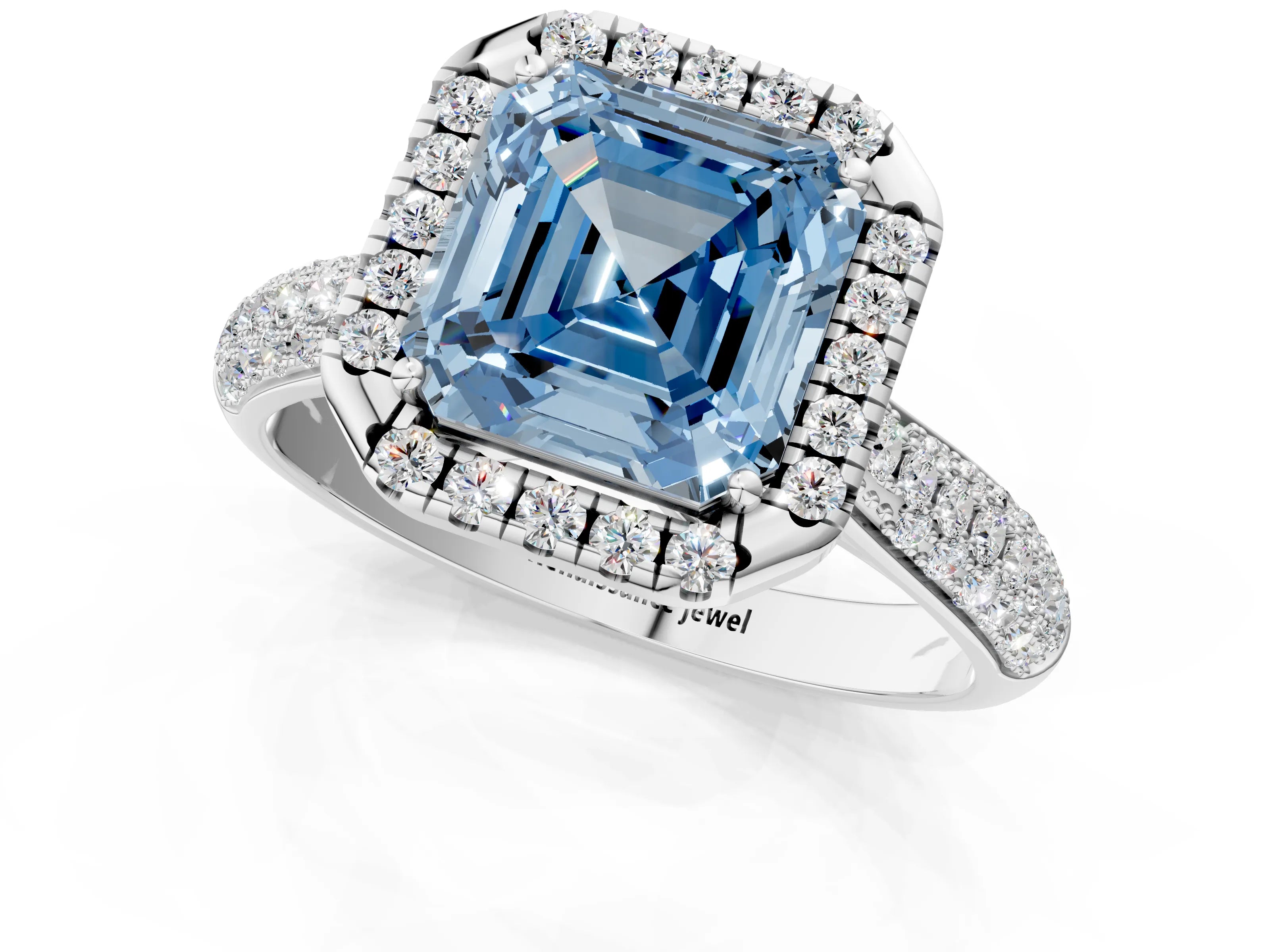 White gold Fancy Blue Asscher Cut Halo Diamond Ring with Pavé Band_1