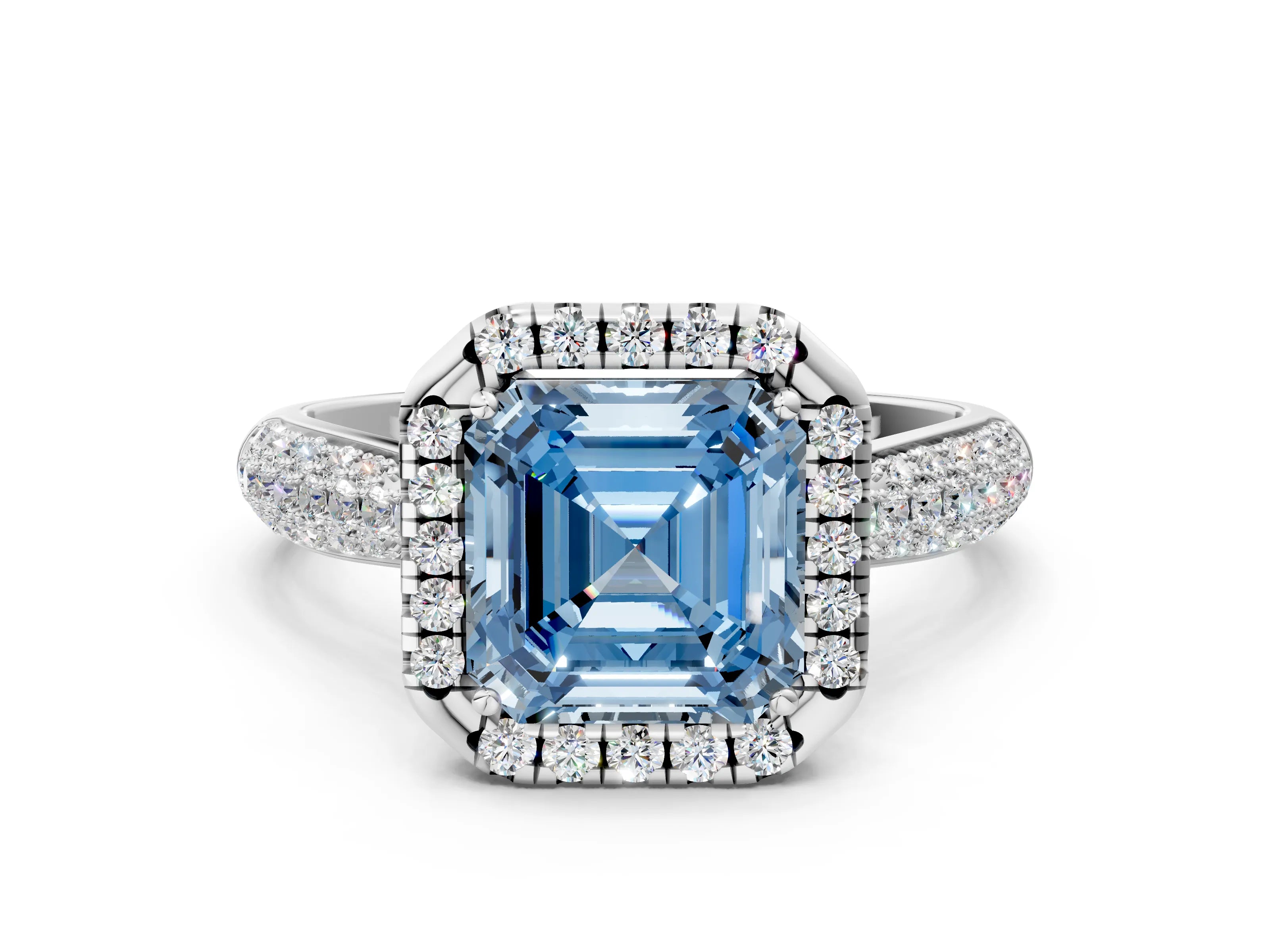 White gold Fancy Blue Asscher Cut Halo Diamond Ring with Pavé Band_24