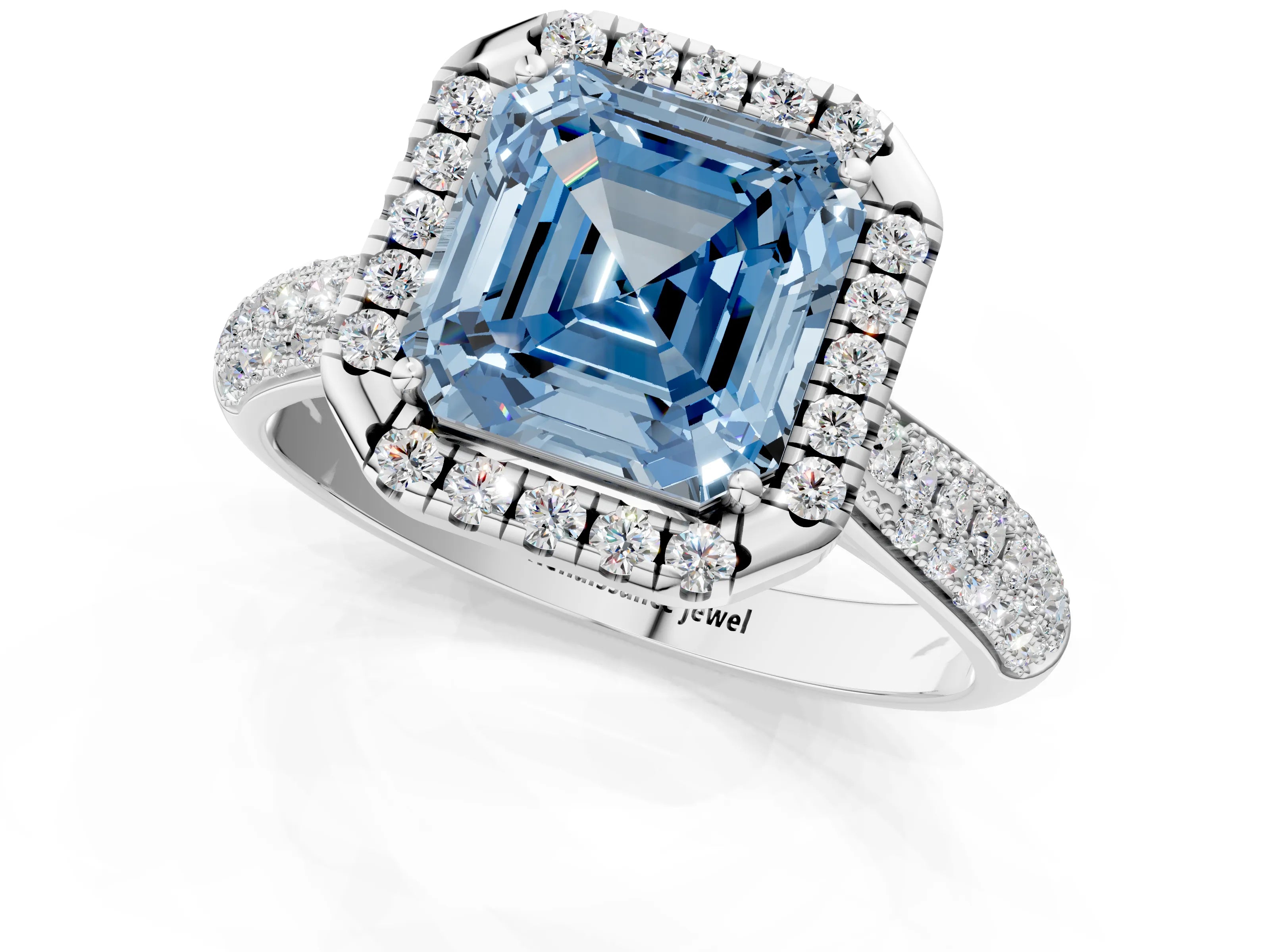 White gold Fancy Blue Asscher Cut Halo Diamond Ring with Pavé Band_25