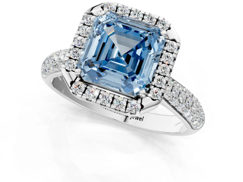 White gold Fancy Blue Asscher Cut Halo Diamond Ring with Pavé Band_25