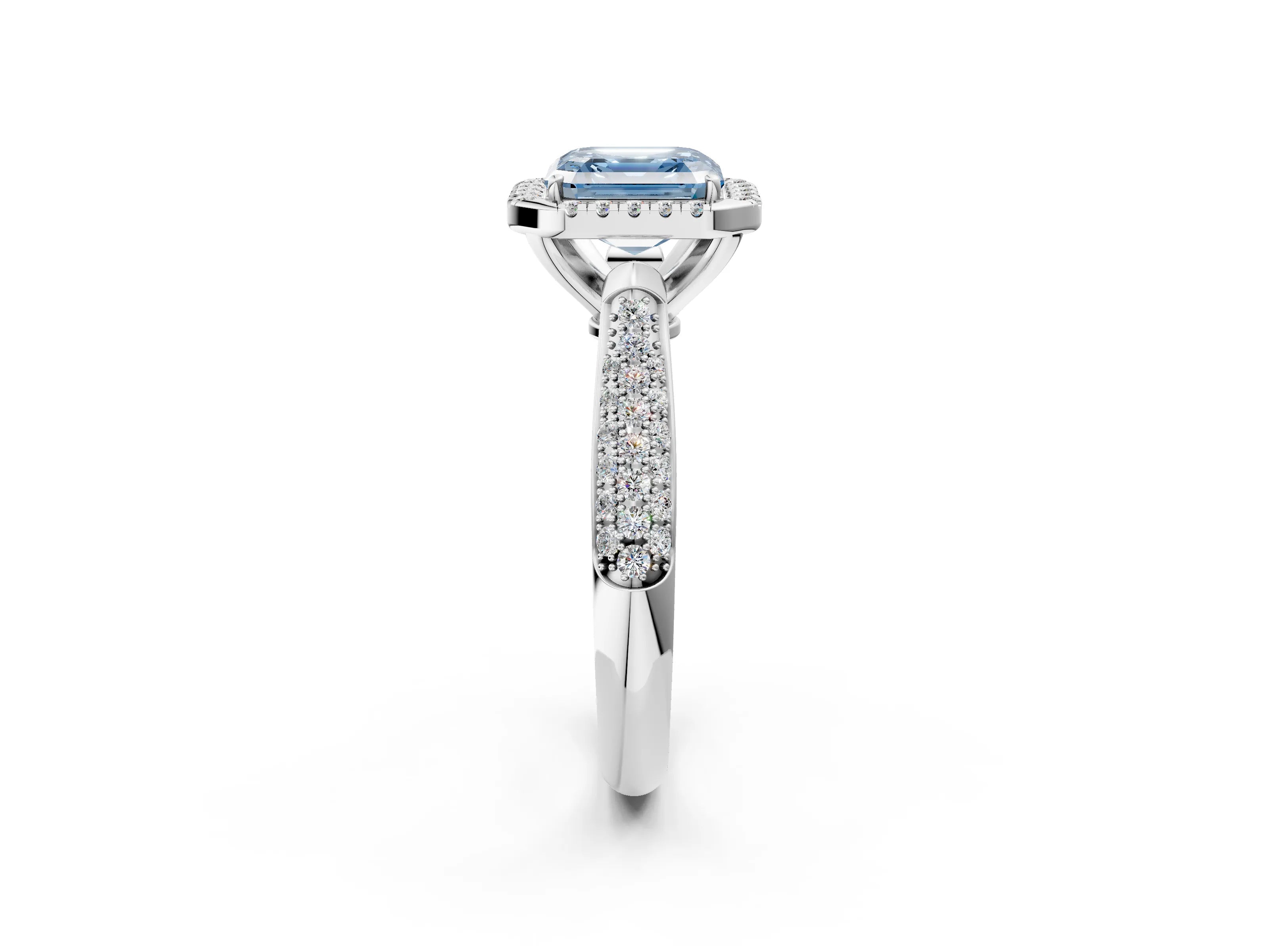 White gold Fancy Blue Asscher Cut Halo Diamond Ring with Pavé Band_26