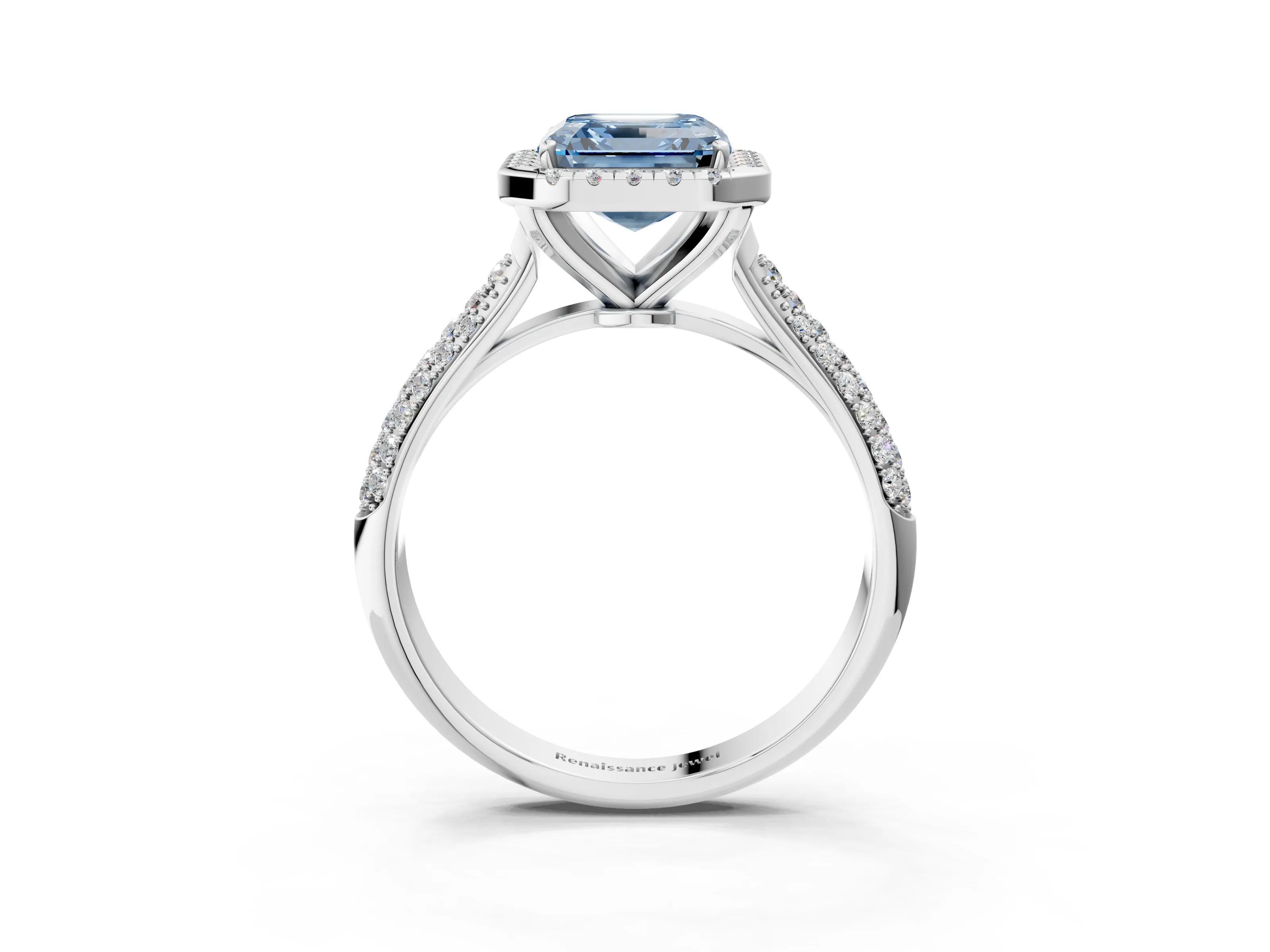 White gold Fancy Blue Asscher Cut Halo Diamond Ring with Pavé Band_27