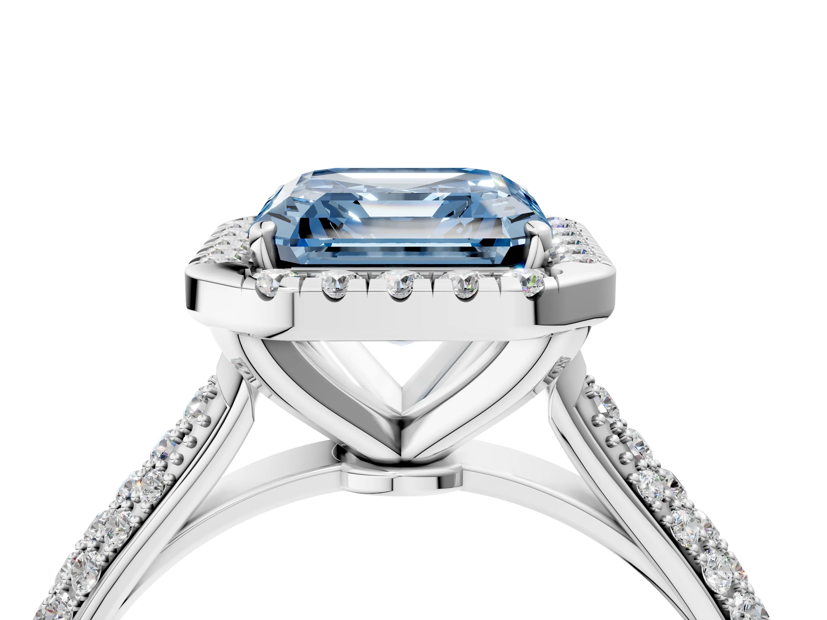 White gold Fancy Blue Asscher Cut Halo Diamond Ring with Pavé Band_28