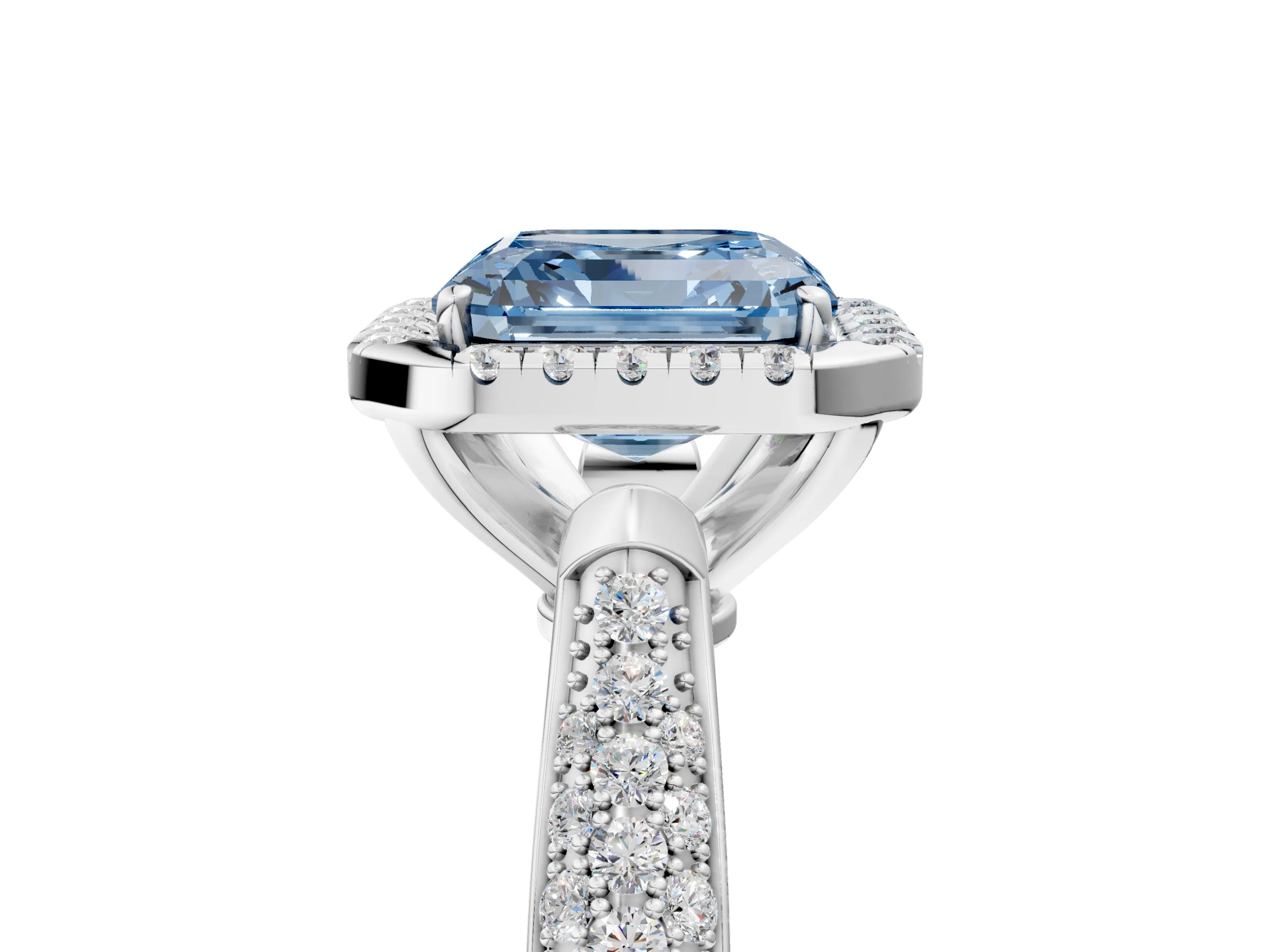White gold Fancy Blue Asscher Cut Halo Diamond Ring with Pavé Band_29