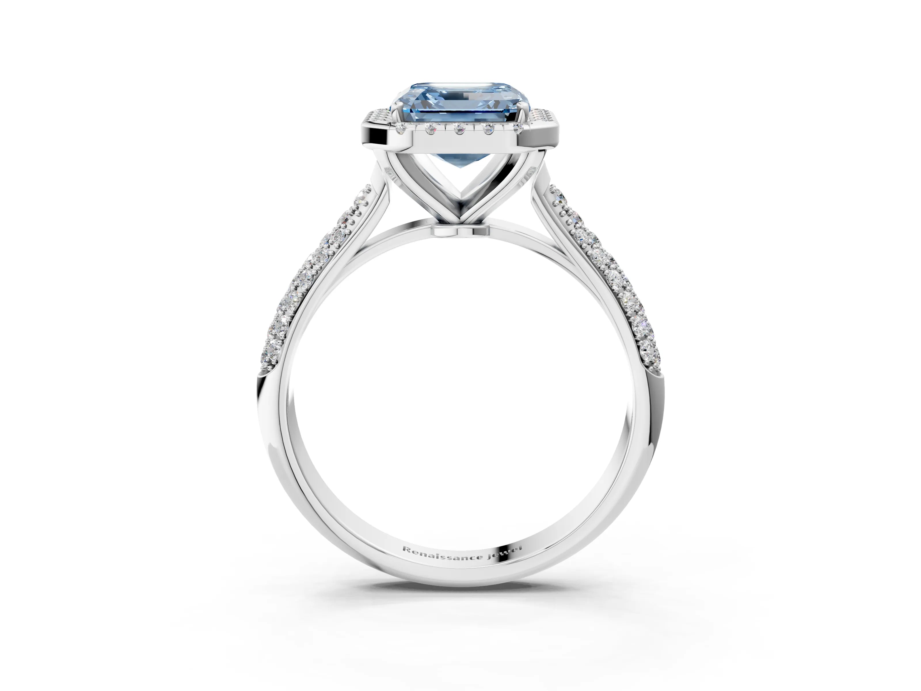 White gold Fancy Blue Asscher Cut Halo Diamond Ring with Pavé Band_3