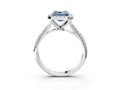 White gold Fancy Blue Asscher Cut Halo Diamond Ring with Pavé Band_3