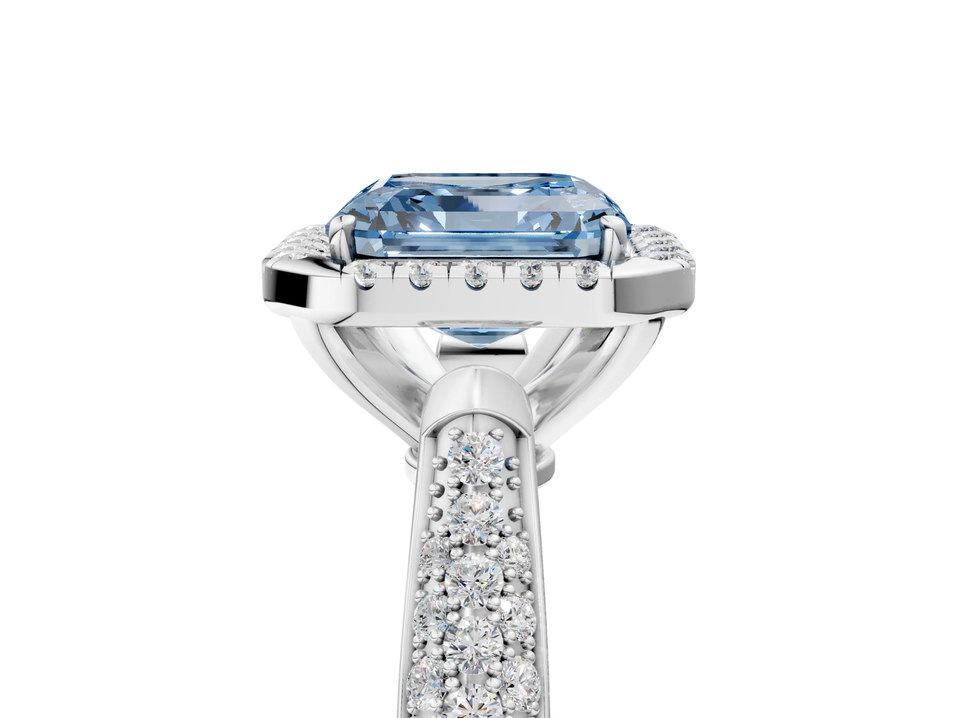 White gold Fancy Blue Asscher Cut Halo Diamond Ring with Pavé Band_5