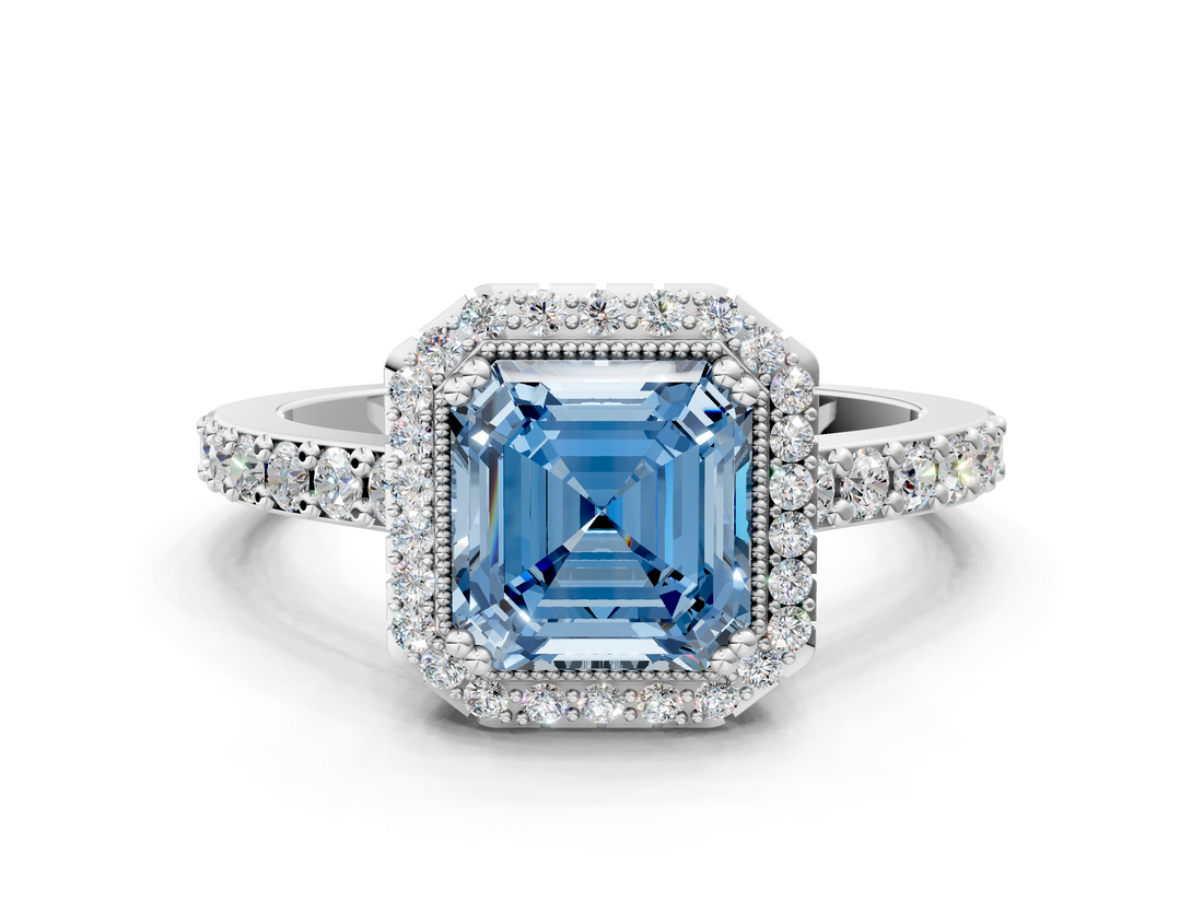 White gold Fancy Blue Asscher  Cut Halo Diamond Ring with Pave Band and Four-Prong Setting_17
