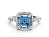 White gold Fancy Blue Asscher  Cut Halo Diamond Ring with Pave Band and Four-Prong Setting_17