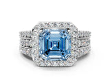 White gold Fancy Blue Asscher Cut Halo Diamond Ring with Round  Split Shank and Prong Setting_92