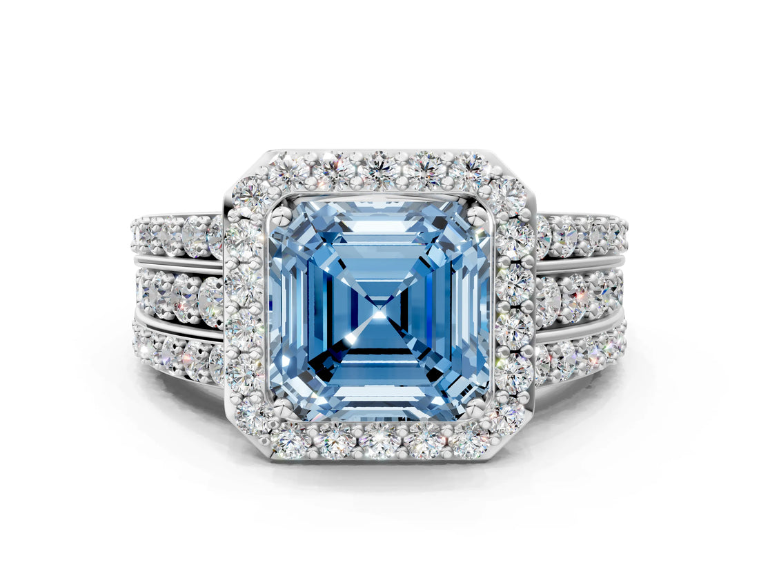 White gold Fancy Blue Asscher Cut Halo Diamond Ring with Round  Split Shank and Prong Setting_92