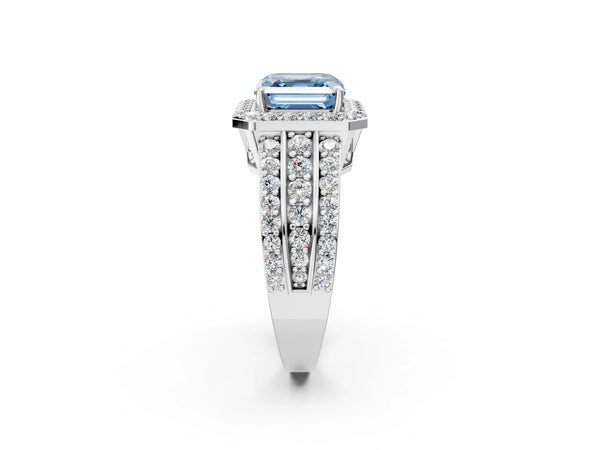 Platinum Fancy Blue Asscher Cut Halo Diamond Ring with Round  Split Shank and Prong Setting