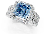 White gold Fancy Blue Asscher Cut Halo Diamond Ring with Round  Split Shank and Prong Setting_93
