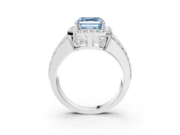 Platinum Fancy Blue Asscher Cut Halo Diamond Ring with Round  Split Shank and Prong Setting