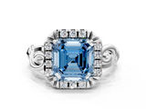 White gold Fancy Blue Asscher  Cut Halo Diamond Ring with Scrollwork Band and Four-Prong Setting