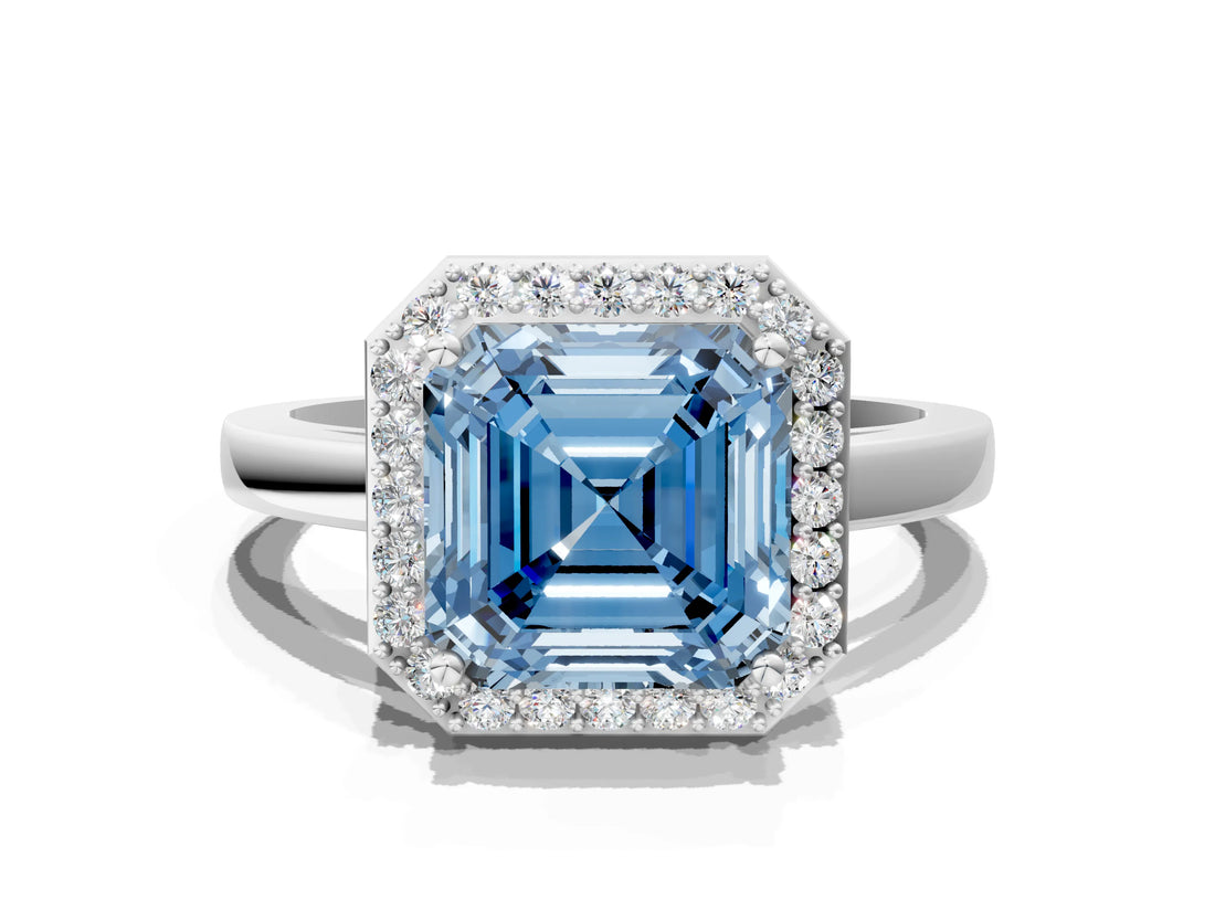 White gold Fancy Blue Asscher Cut Halo Diamond Ring with Solitaire Band and Prong Setting
