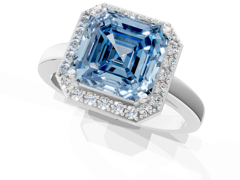 White gold Fancy Blue Asscher Cut Halo Diamond Ring with Solitaire Band and Prong Setting_1