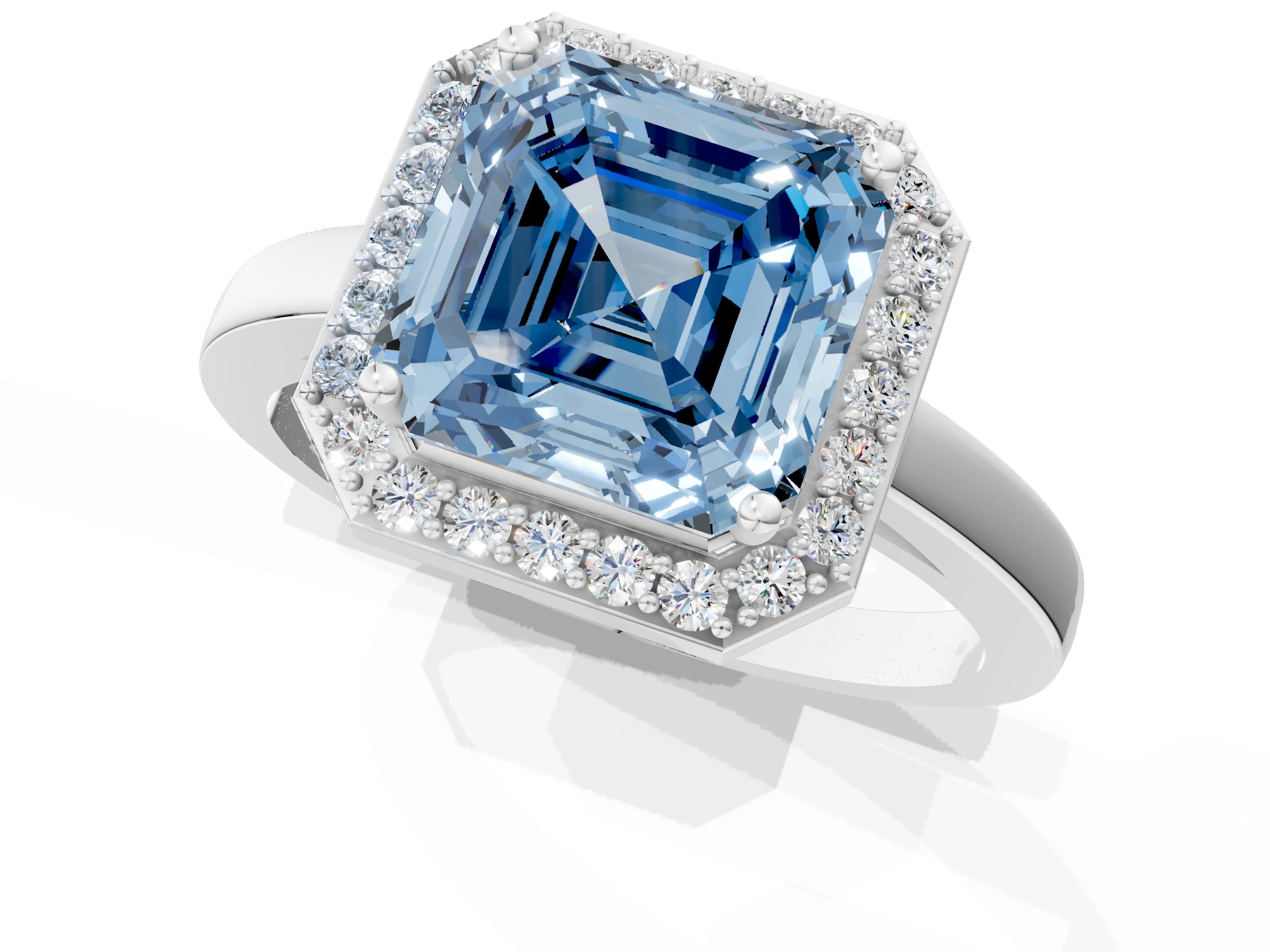 White gold Fancy Blue Asscher Cut Halo Diamond Ring with Solitaire Band and Prong Setting_1